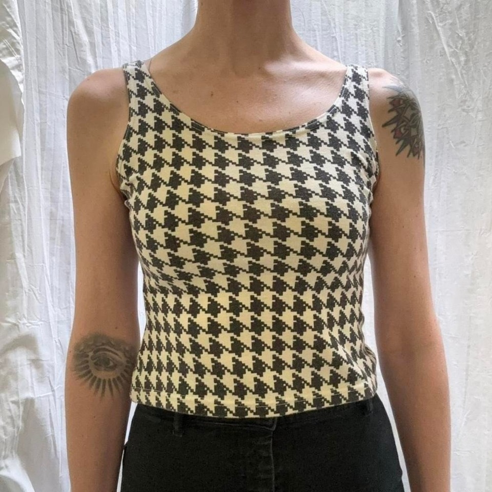 Black and White Houndstooth Fitted Tank Top Le Chateau VTG 90s Small